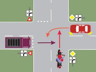 Motociclistul intra in intersectie: