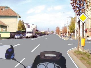 Va deplasati pe directia inainte. Cui trebuie sa acordati prioritate in prima intersectie?