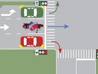 Precizati daca motociclistul din imagine are voie sa intre in intersectie: