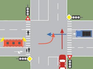 Cui trebuie sa cedeze trecerea conducatorul autobuzului din imaginea alaturata, daca semafoarele nu functioneaza?
