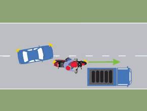 Conduceti autoturismul albastru. V-ati angajat corect in depasirea motocicletei?