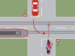 Care dintre cele trei vehicule va trece ultimul prin intersectie?