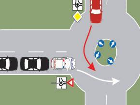 Cum procedati daca va aflati in autoturismul rosu si observati ca de pe drumul fara prioritate se apropie o coloana cu regim prioritar?